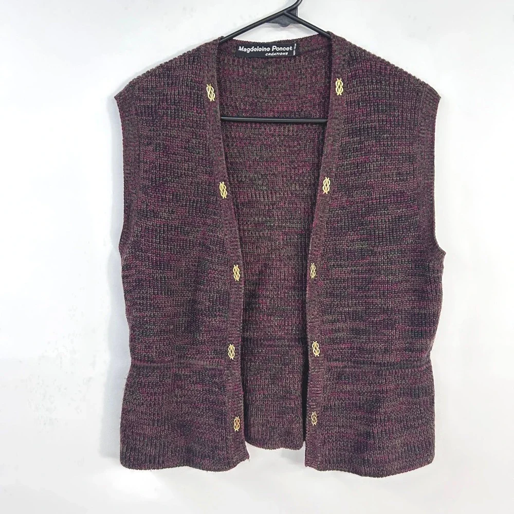 Magdeleine Poncet Vintage 70s French Knit Vest S M Gold Hardware Boho Retro